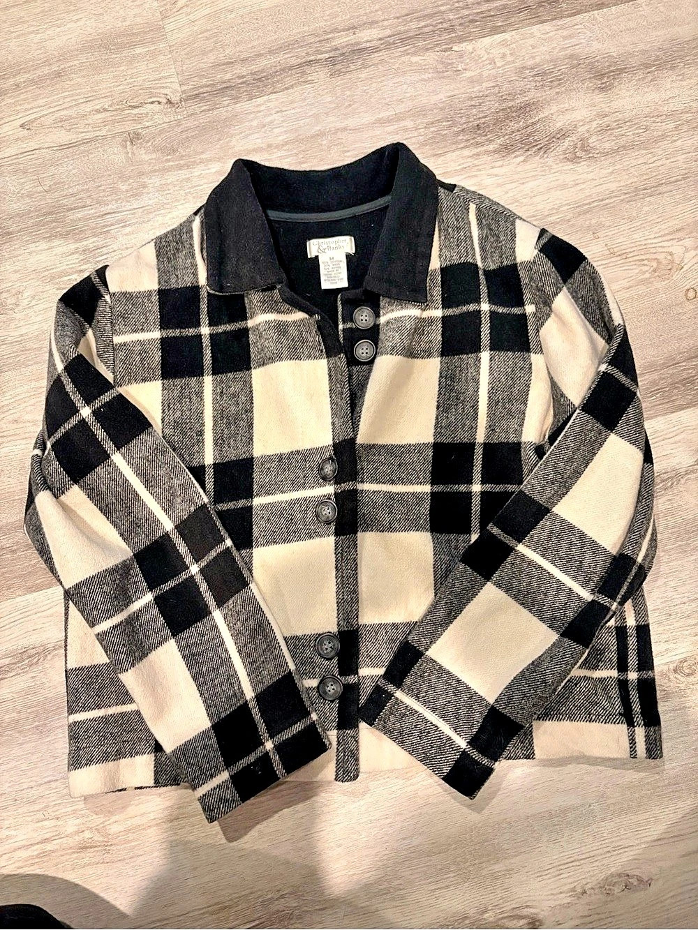Vintage Christopher & Banks Plaid Collared Wool-Blend Jacket in Black & Cream Si